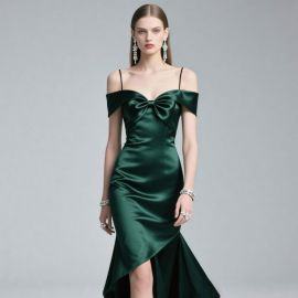 Elegant Emerald Green Off - Shoulder Satin Evening Gown with Bow & Asymmetric Hem