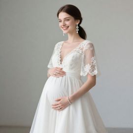 Elegant Maternity White Lace Dress: Deep V-Neck, Short Sleeves & Flowy Skirt