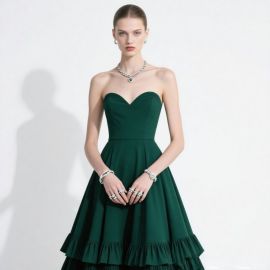 Elegant Emerald Green Strapless Heart - Neck Ruffled Evening Dress