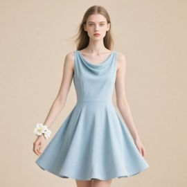 Light Blue Sleeveless Cowl Neck Flared Dress - Elegant Summer Chic