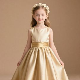 Gold Satin Sleeveless A-Line Flower Girl Dress for Weddings & Events