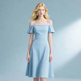 Elegant Light Blue Off - Shoulder A - Line Midi Dress for Women