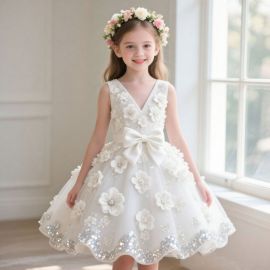 Charming Girls White Floral Dress with Big Bow & Glittery Hem for Weddings & Parties