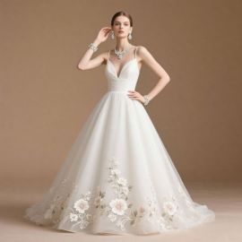 Elegant Spaghetti Strap V-Neck Wedding Dress with Floral Embroidery - A-Line Bridal Gown