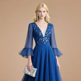 Royal Blue Sequined Deep V-Neck Flared Sleeve Evening Gown - Glamorous Formal Dress