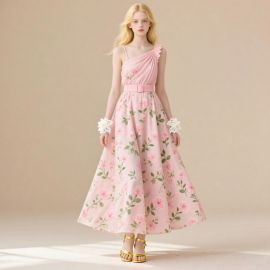 Pink Floral One - Shoulder Ruffled Maxi Dress with Waist Belt