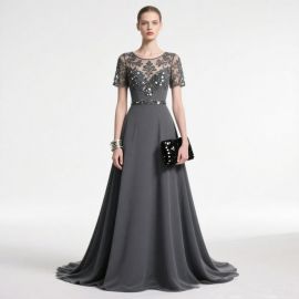 Elegant Gray Lace Beaded Long Evening Dress - Formal Gown with Sequins & Sheer Sleeves