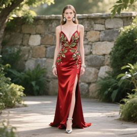 Red Satin Evening Gown: Floral Embroidery, Deep V-Neck, High Slit, Spaghetti Straps