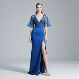 Royal Blue Lace Deep V-Neck Slit Evening Gown - Elegant Formal Dress