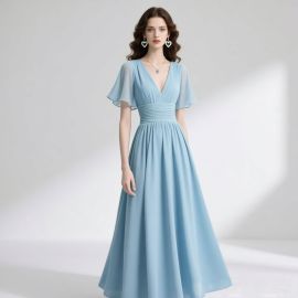 Elegant Light Blue Long Dress: V-Neck Chiffon Gown with Flutter Sleeves for Weddings & Events