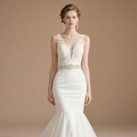 Elegant Lace Mermaid Wedding Dress: Deep V-Neck & Beaded Waistband Design