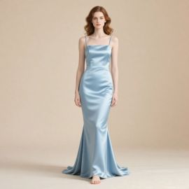 Light Blue Satin Spaghetti Strap Mermaid Gown - Elegant Long Evening Dress