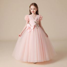 Pink Tulle Flower Girl Dress with Embroidered Flowers & Big Bow - Princess Party Gown