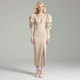 Elegant Beige Midi Dress | Puff Sleeves, Pearl Accents, Side Slit Design