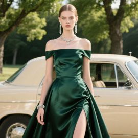 Elegant Emerald Green Off - Shoulder Satin Gown with High Slit for Formal Events