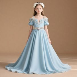 Elegant Light Blue Off-Shoulder Long Dress for Girls with Rhinestone Details & Waist Belt