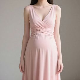 Elegant Pink Maternity Dress: V-Neck Wrap Waist Design for Pregnancy Women