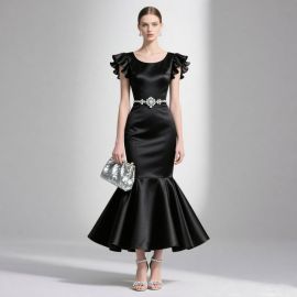 Elegant Black Satin Mermaid Dress with Ruffled Sleeves & Embellished Belt