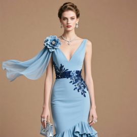 Elegant Light Blue Evening Dress: Floral Shoulder, Sequined Waist, Ruffled Hem - Formal Gown