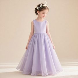 Lavender Tulle Flower Girl Dress: Elegant Sleeveless Long Gown for Weddings & Parties