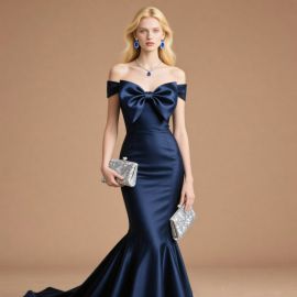 Navy Blue Off - Shoulder Mermaid Satin Gown with Big Bow - Elegant Evening Dress