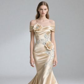Elegant Off - Shoulder Mermaid Satin Gown with Floral Embellishments