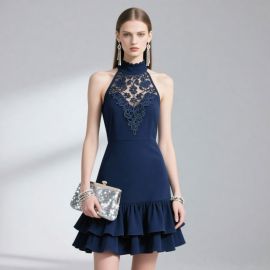 Navy Blue Lace Halter Neck Dress with Ruffled Hem - Elegant Party Cocktail Gown