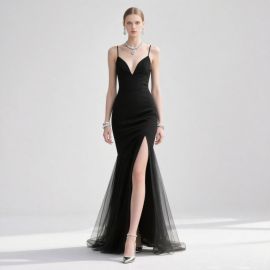 Elegant Black Spaghetti Strap V - Neck Mermaid Gown with High Slit